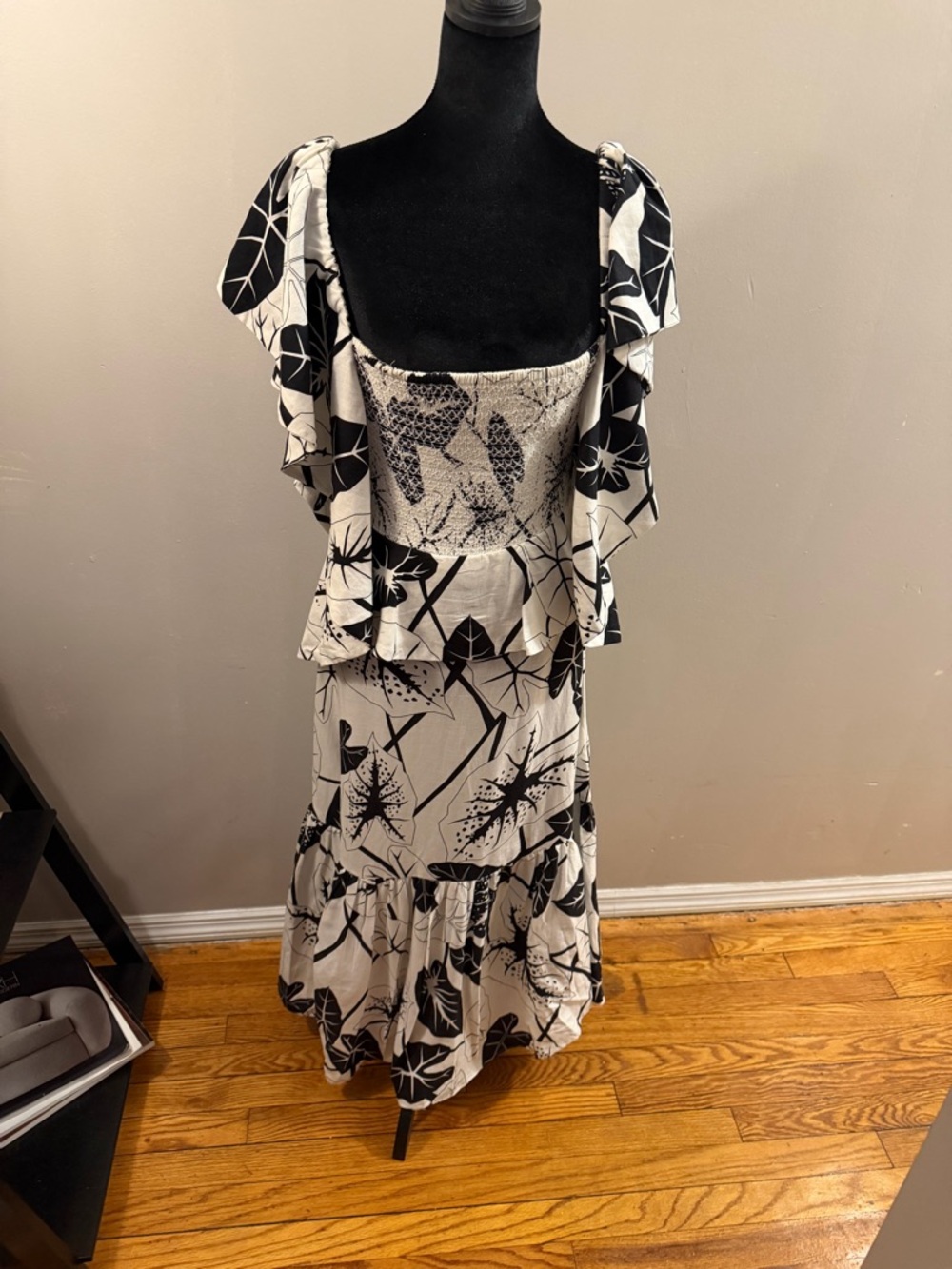 FARM Rio Black and Off-White Graphic Leaf Midi Dress